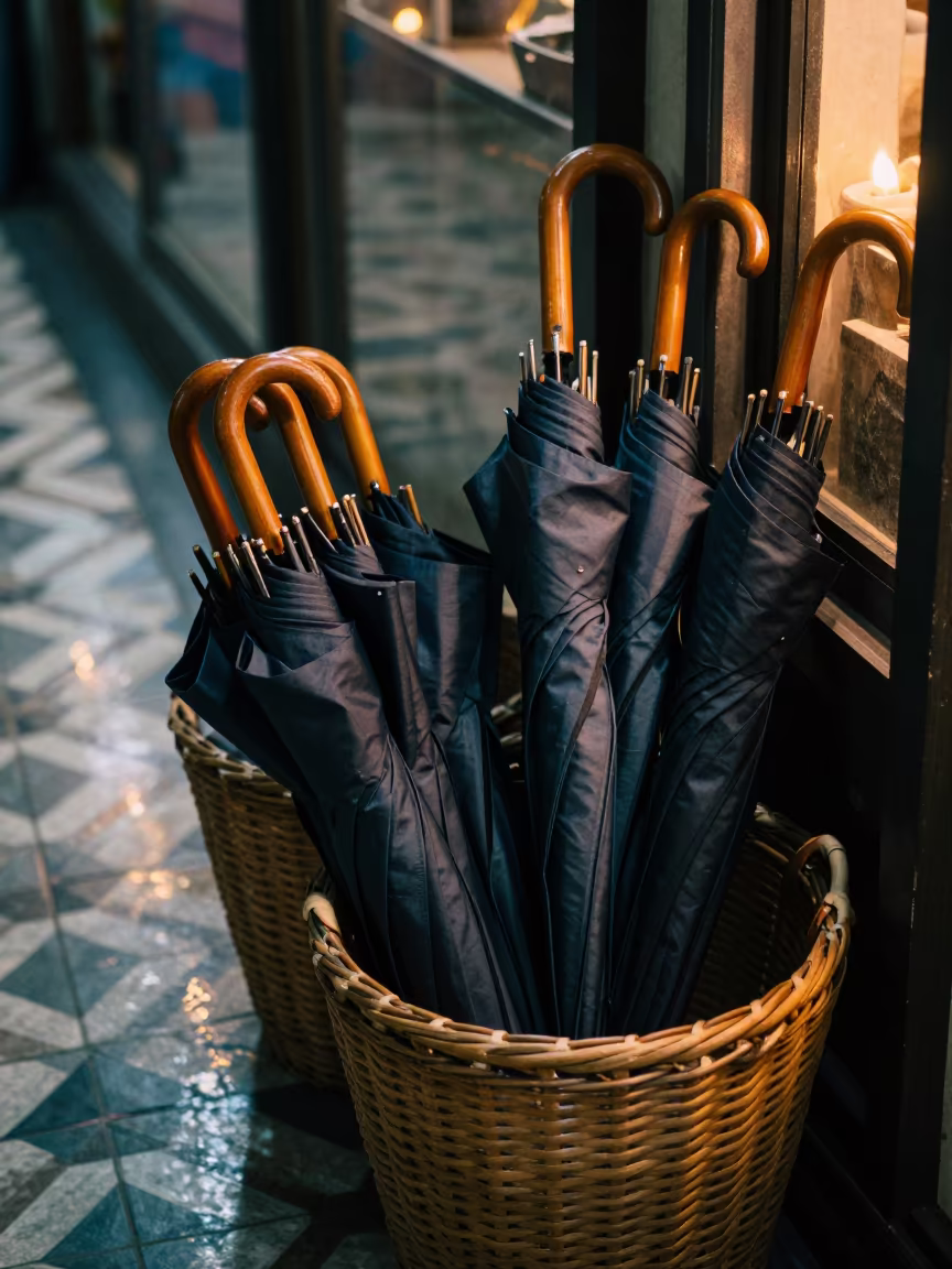Folded Umbrellas in Market Basket in inside a glass-roofed arcade in Da Nang