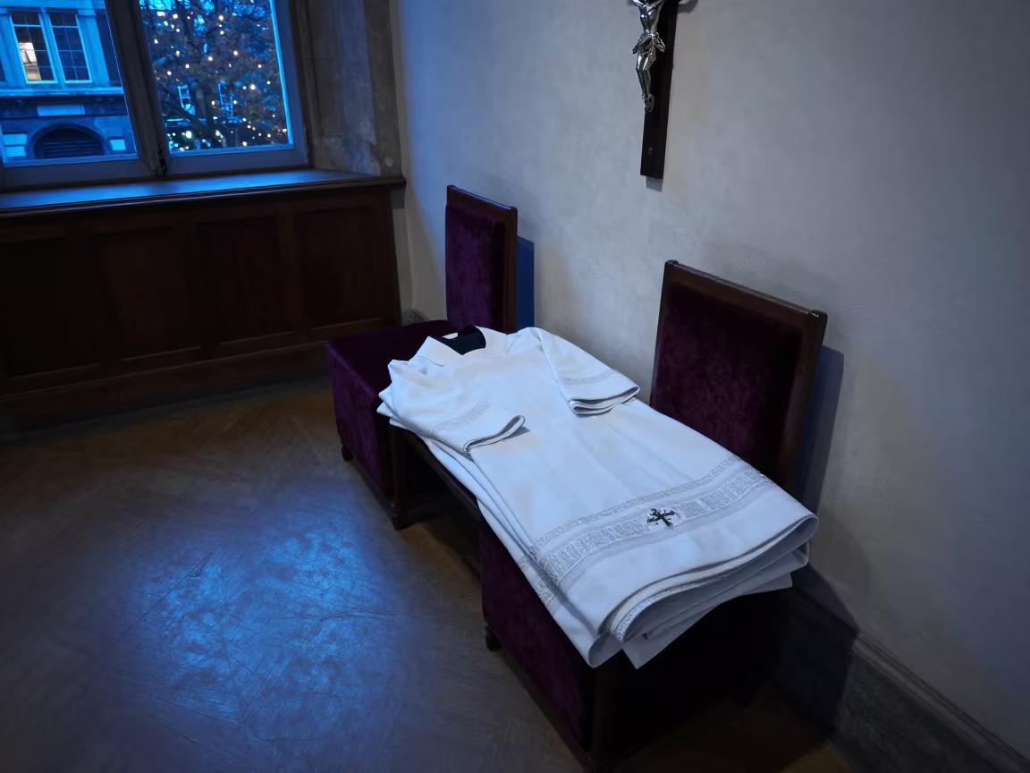 Folded Vestments on Velvet Chair in London in on a velvet chair in London