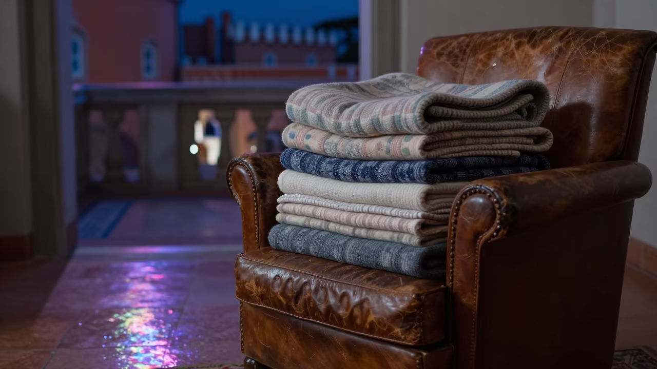 Folded Wool Blankets on Leather Chair Under Neon in on a worn leather armchair in Sintra