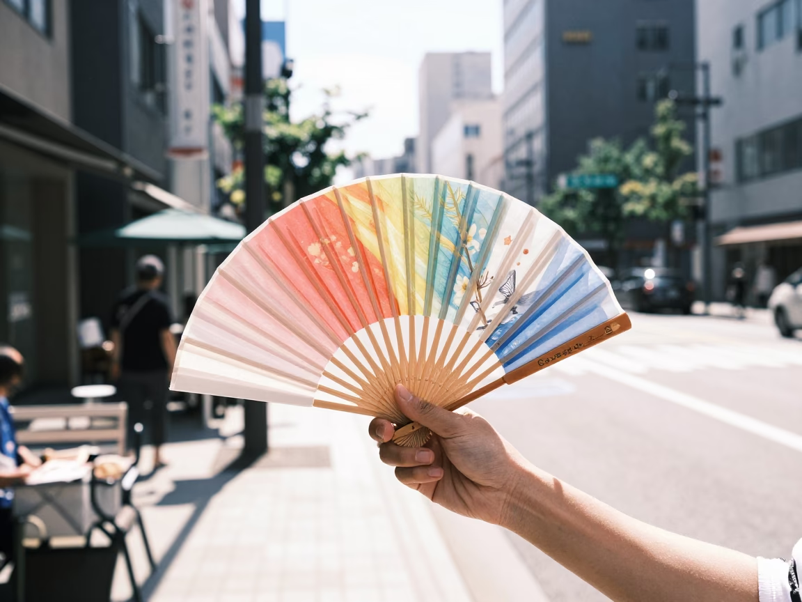 Folding Fan and Street Scene in Fukuoka Japan Midmorning Light in in Fukuoka, Japan