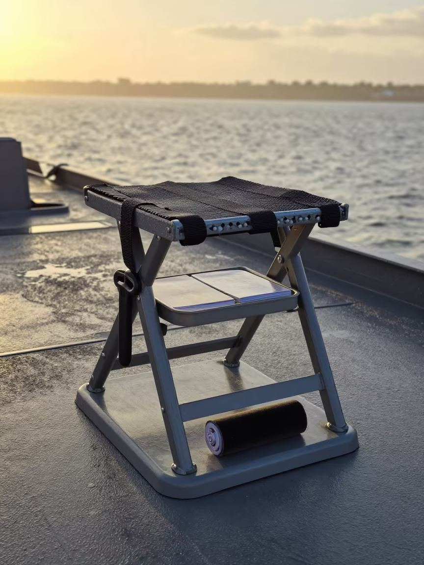 Folding Stool Cart on Naval Deck at Golden Hour in on a naval deck in rough wind in Pernambuco