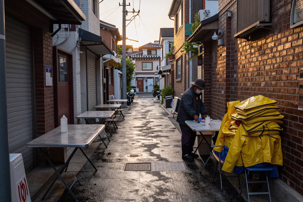 Folding Tables in Seoul at First Light Of Dawn in in Seoul, South Korea