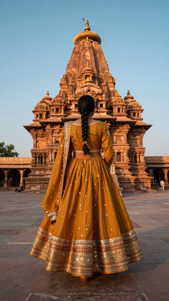 Folk Dance Costumes in Golden Temple Light in in a temple courtyard in Prayagraj