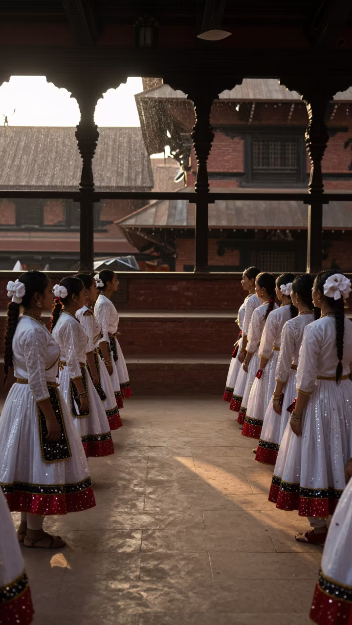 Folk Dance Costumes in Lalitpur Golden Light in in a ceremonial hall in Lalitpur