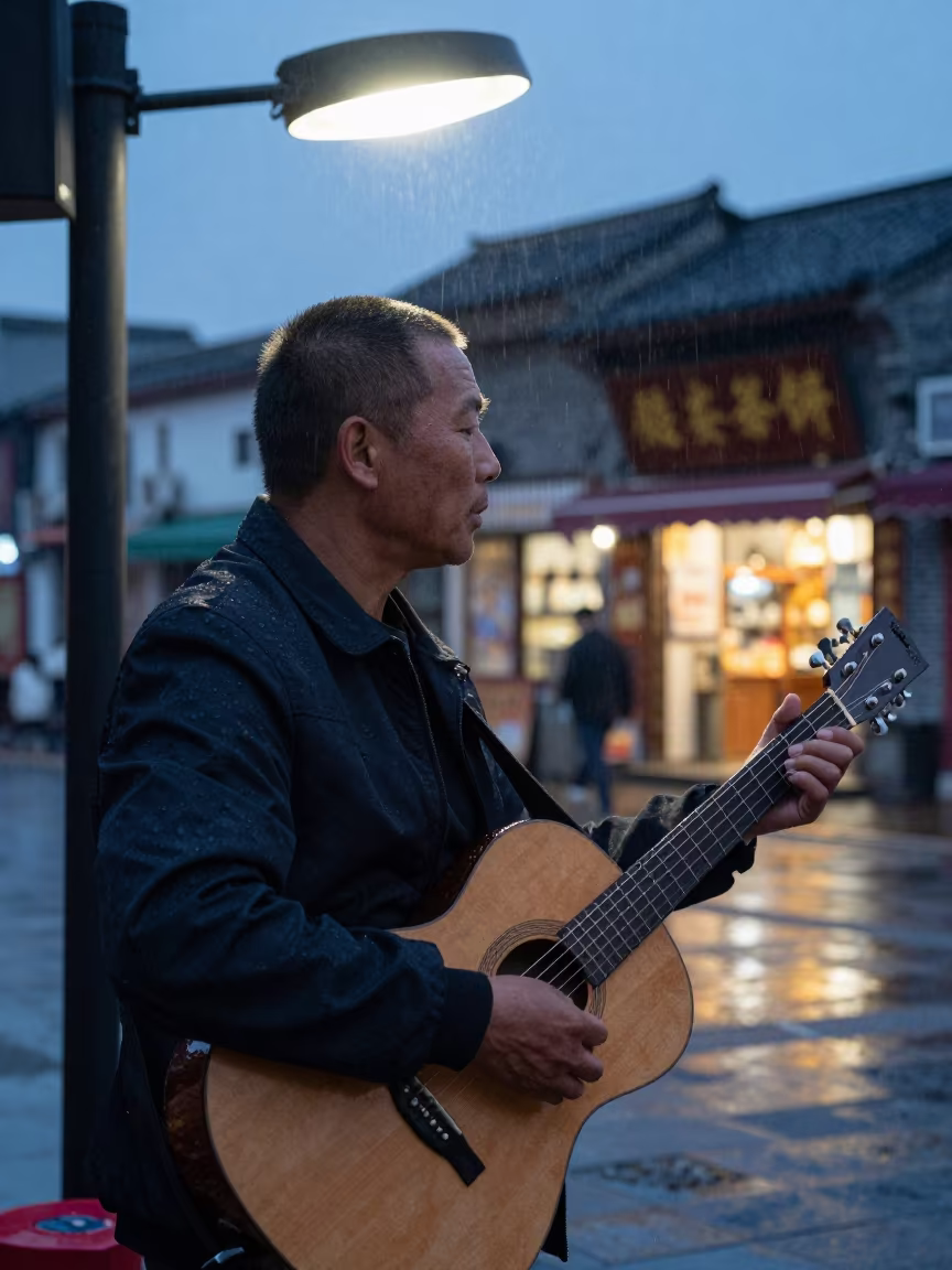 Folk Singer in Indigo Twilight Harvest in at a street corner busking spot in Zhengzhou