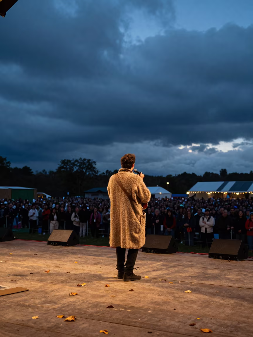 Folk Singer on Milagro Festival Stage at Dusk in on a festival main stage in Milagro