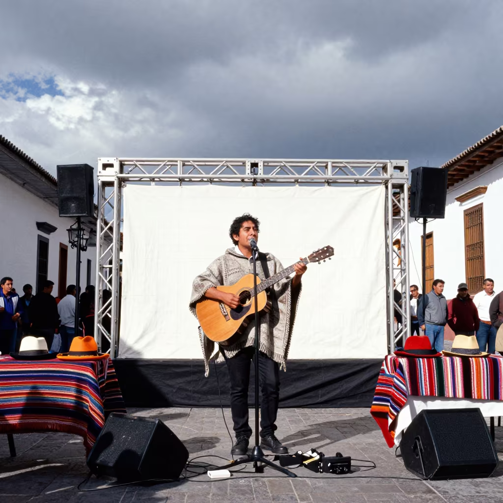 Folk Singer at Quito Harvest Festival Street Corner in at a street corner busking spot in Quito