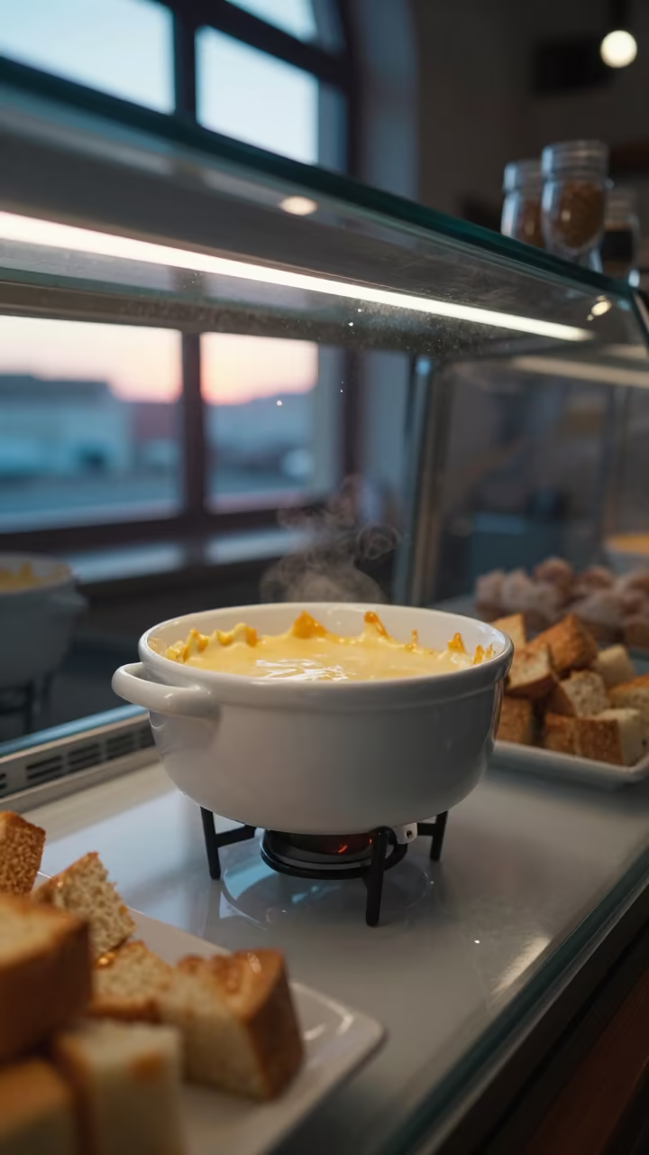 Fondue Pot Bread Cubes Bakery Case in in a bakery display case in Acarigua
