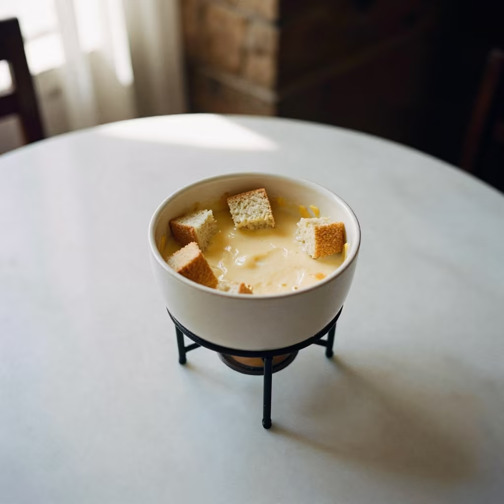 Fondue Pot Bread Cubes Cafe Table in on a marble cafe table in El Mahalla El Kubra