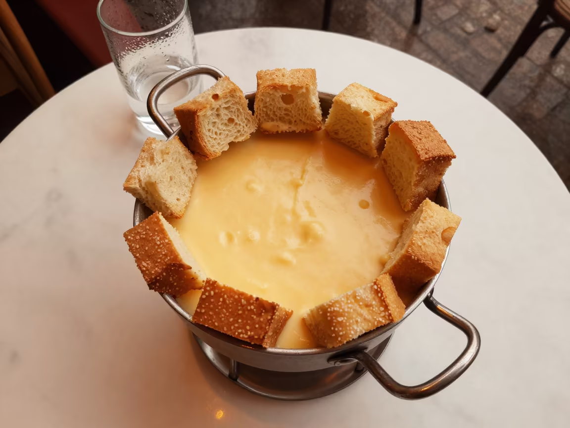 Fondue Pot Bread Cubes Marble Cafe Table in on a marble cafe table in Punto Fijo
