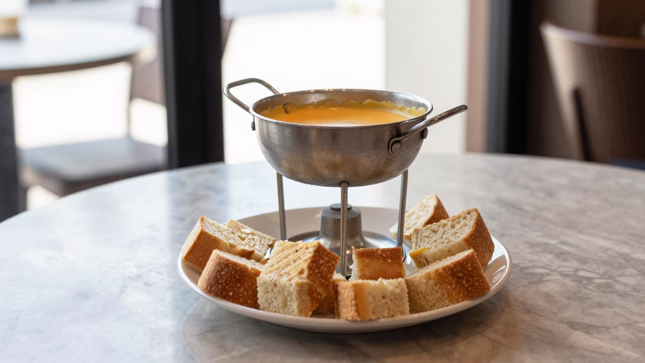 Fondue Pot with Bread Cubes on Marble Table in on a marble cafe table in Valledupar