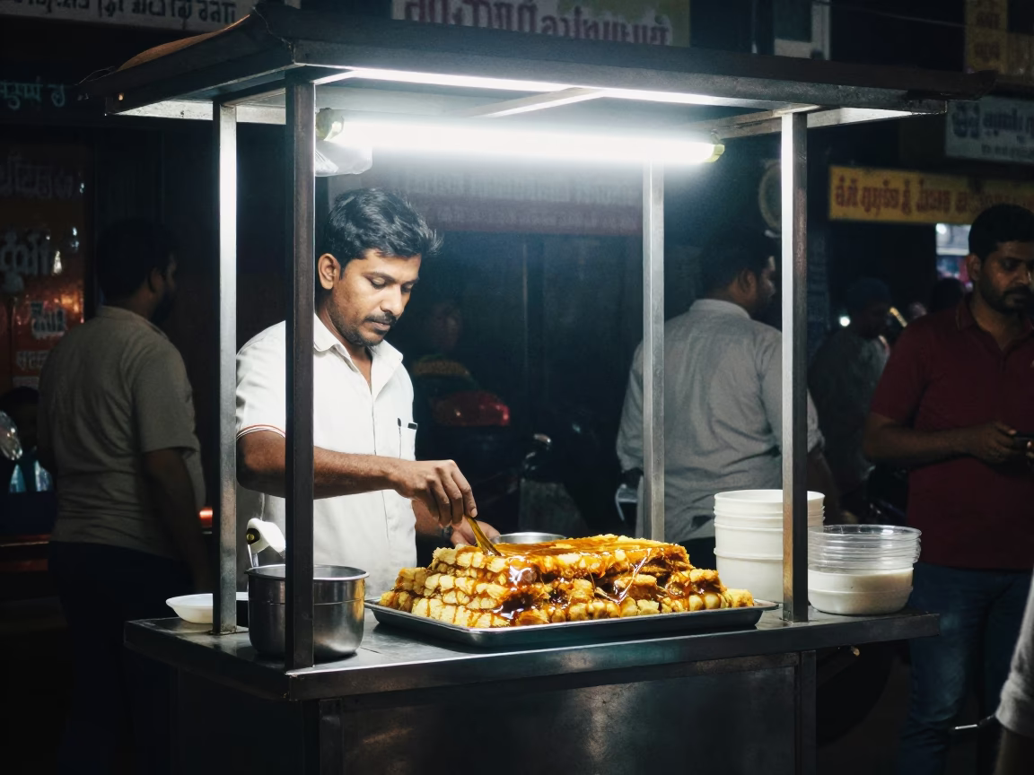 Food Bustle in Hyderabad at Midnight Light in in Hyderabad, India
