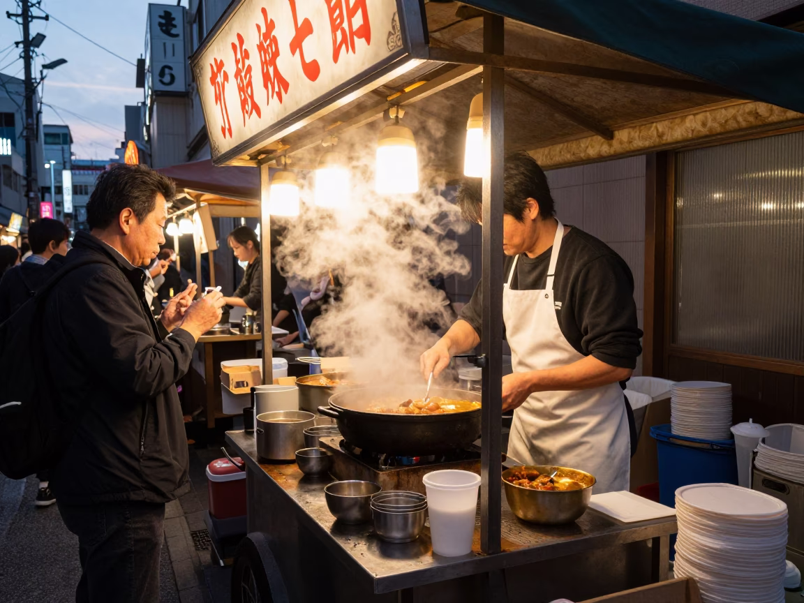 Food Cart in Osaka at The Early Evening Light in in Osaka, Japan