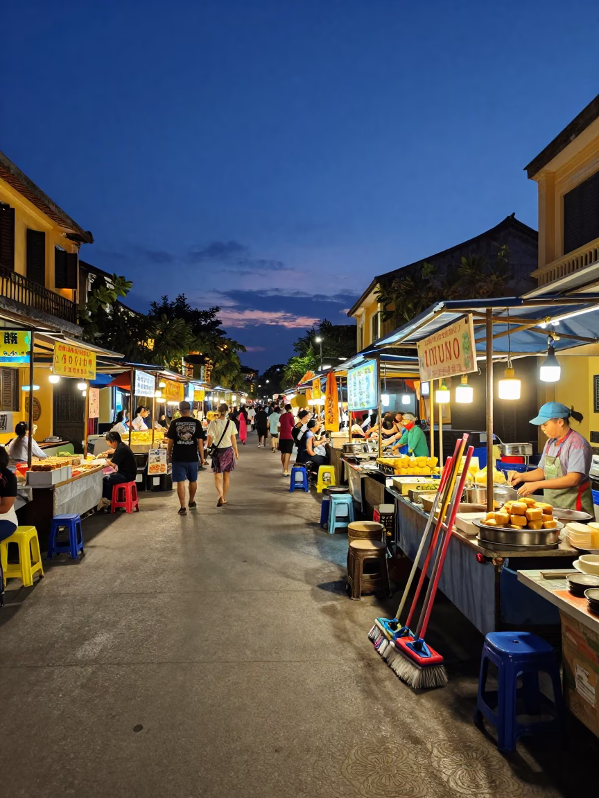 Food Court in Hoi An at Indigo Twilight After Sunset in in Hoi An, Vietnam