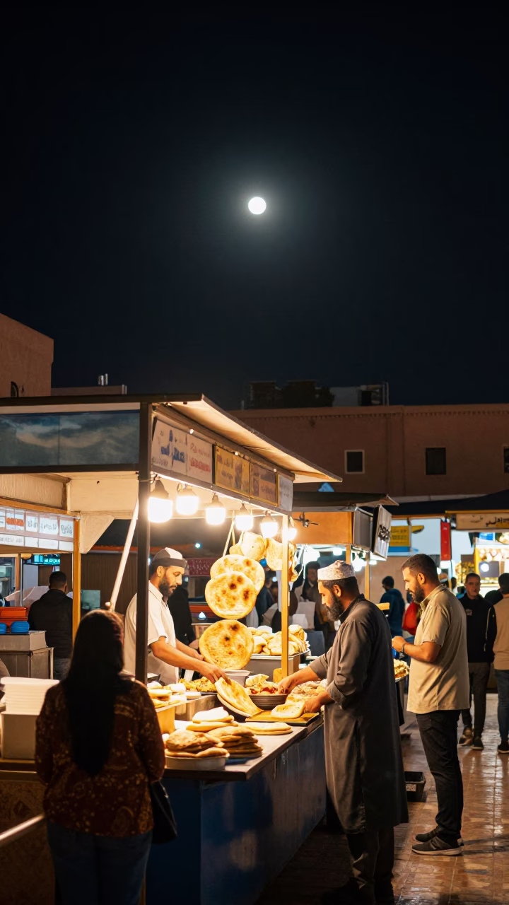 Food Court in Marrakech at The Deepest Night Sky Light in in Marrakech, Morocco