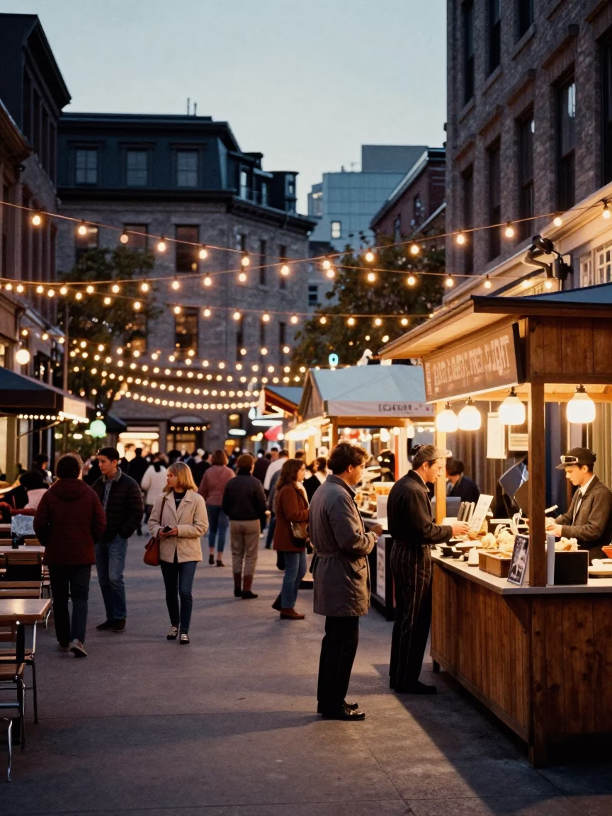 Food Court in Montreal at The Early Evening Light in in Montreal, Quebec, Canada