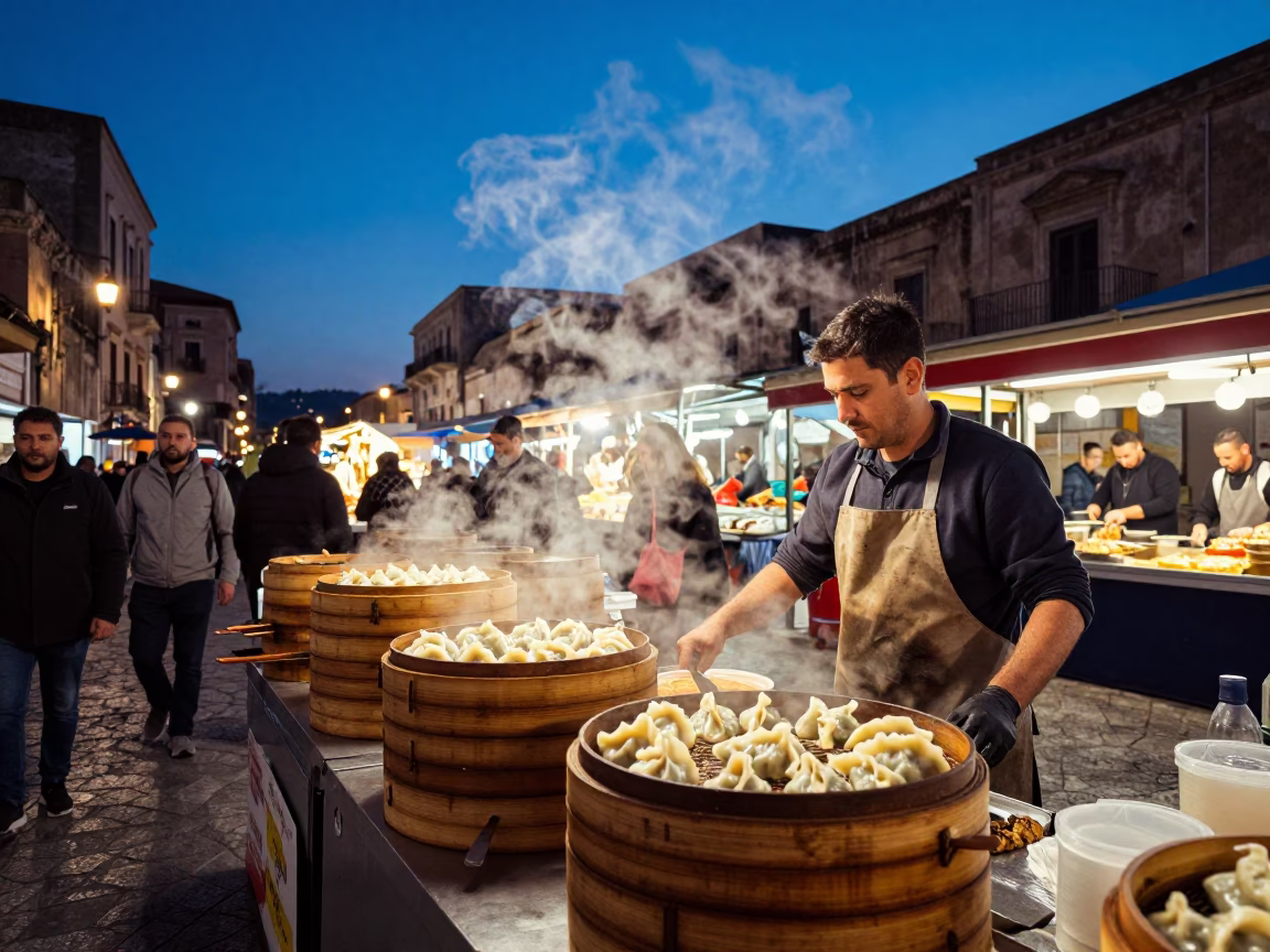 Food Court in Palermo at Indigo Twilight After Sunset in in Palermo, Italy