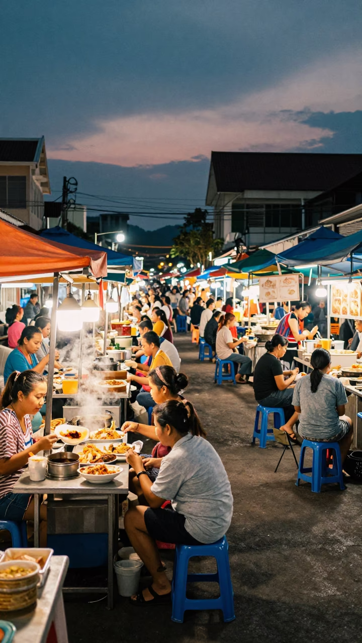 Food Court in Phuket at Honeyed Evening Light in in Phuket, Thailand
