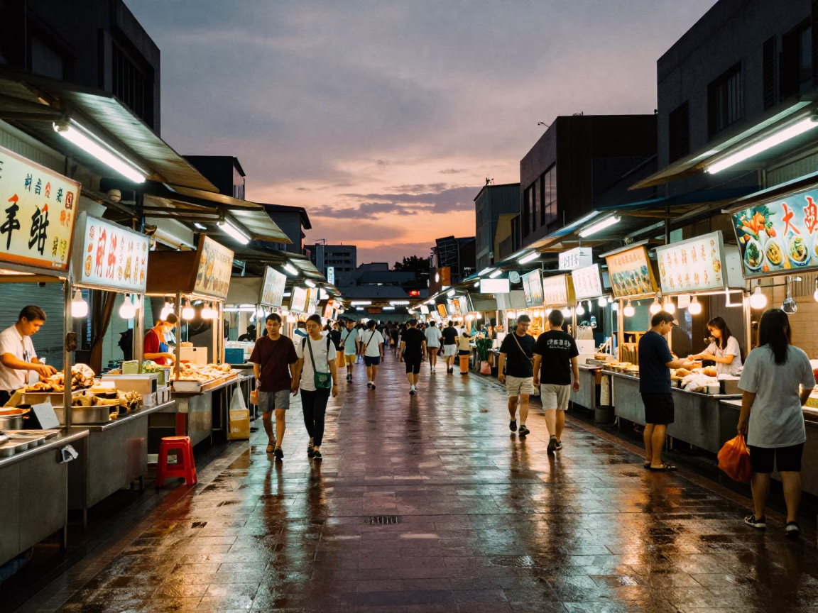 Food Court in Tainan at The Still Hours Before Dawn Light in in Tainan, Taiwan