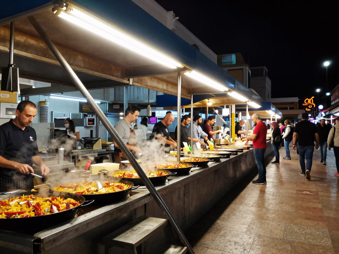 Food Court in Valencia at Deep In The Night Light in in Valencia, Spain