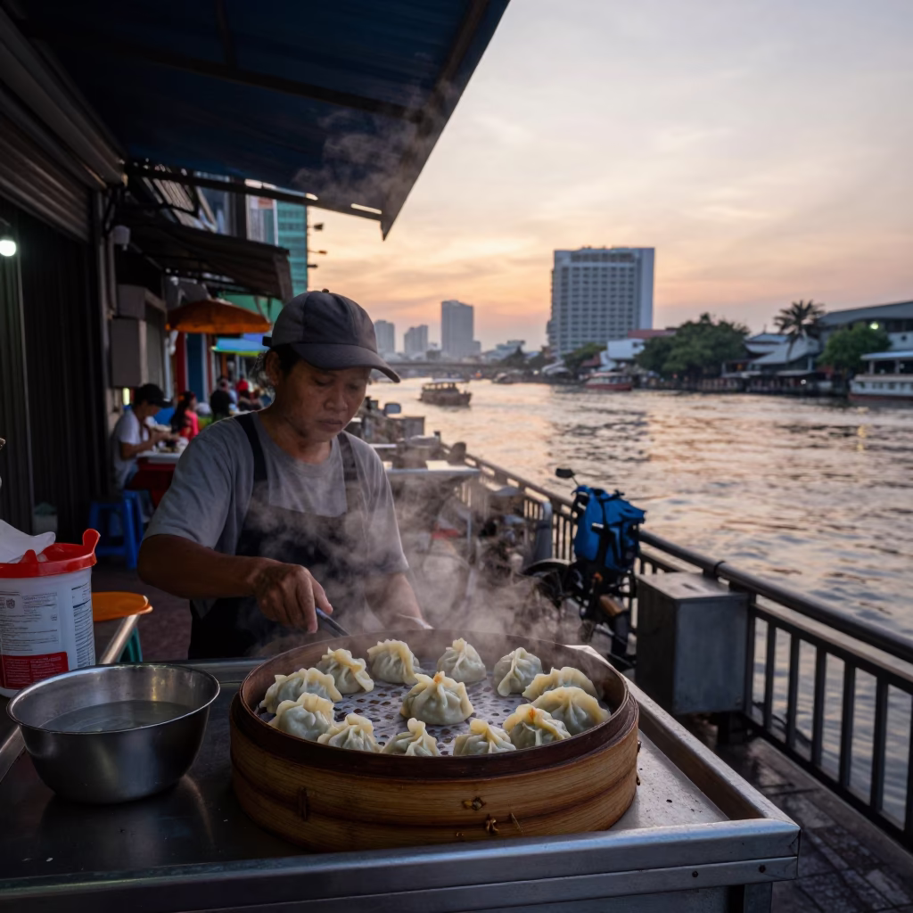Food Preparation at The Still Hours Before Dawn Light in Bangkok in in Bangkok, Thailand