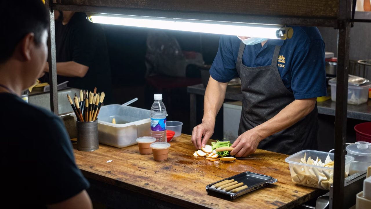 Food Preparation in Tainan at Midnight Light in in Tainan, Taiwan