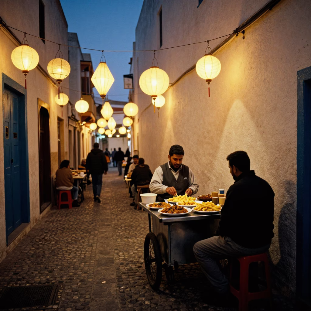 Food Scene at Deep In The Night Light in Essaouira in in Essaouira, Morocco