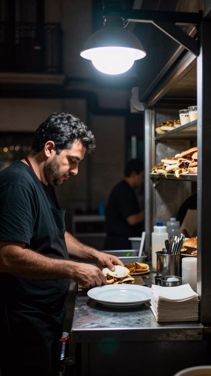 Food Scene at Deep In The Night Light in Madrid in in Madrid, Spain