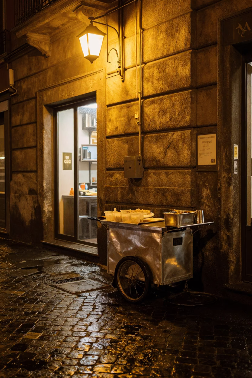 Food Scene at Deep In The Night Light in Naples in in Naples, Italy