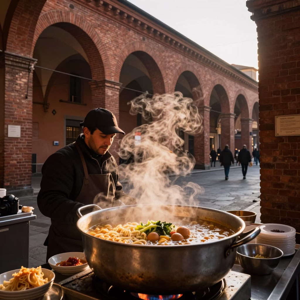 Food Scene at First Light Of Dawn in Bologna in in Bologna, Italy