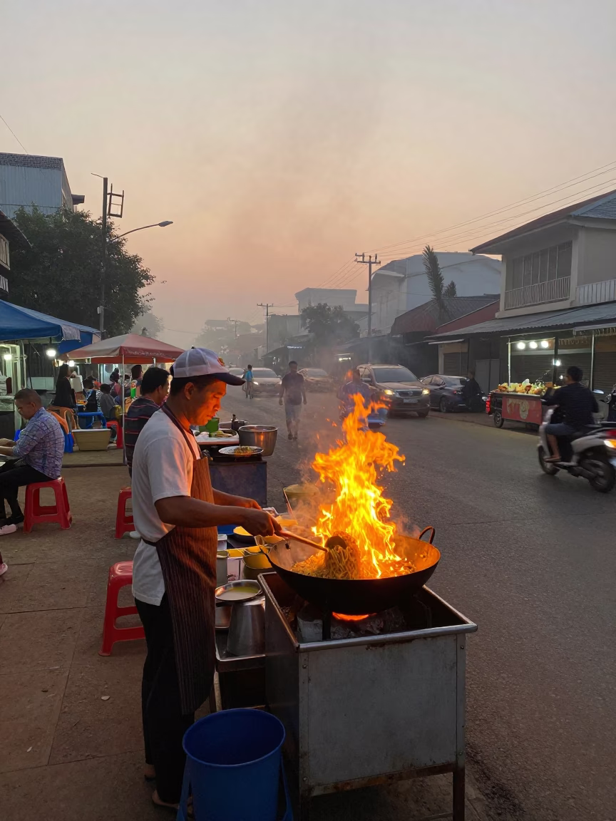 Food Scene at First Light Of Dawn in Phnom Penh in in Phnom Penh, Cambodia