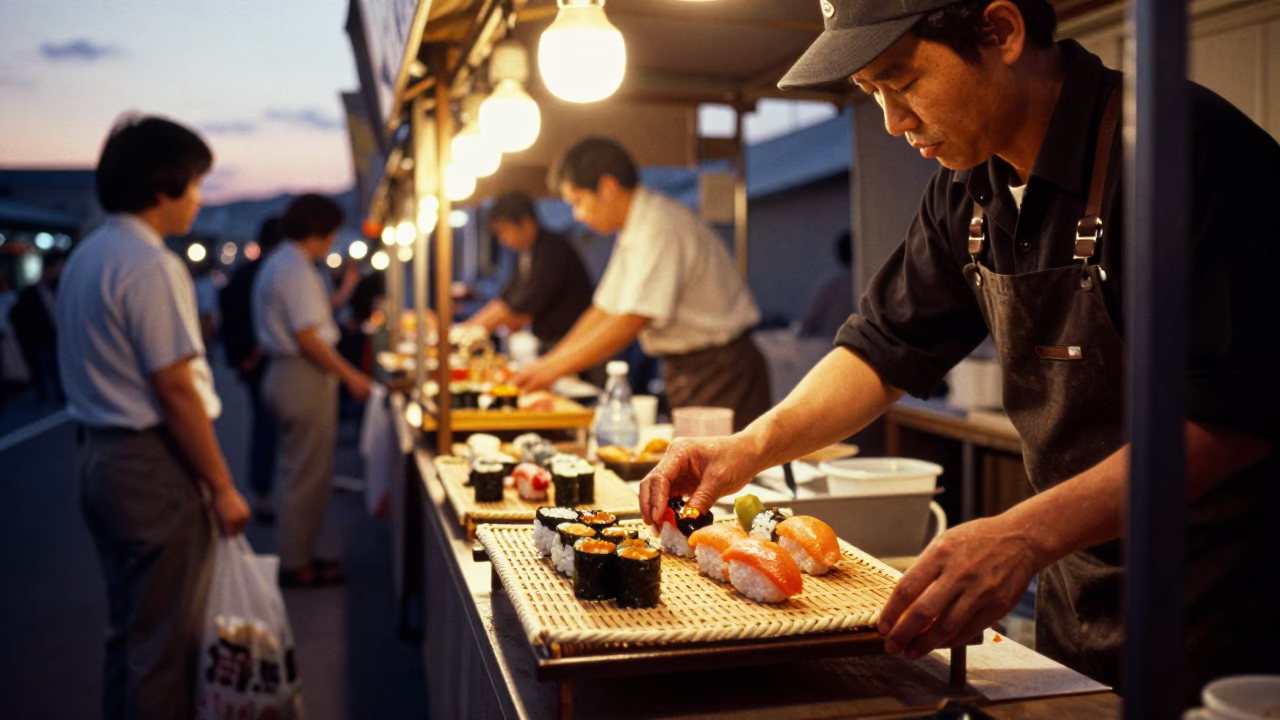 Food Scene at Sunset Light in Fukuoka in in Fukuoka, Japan
