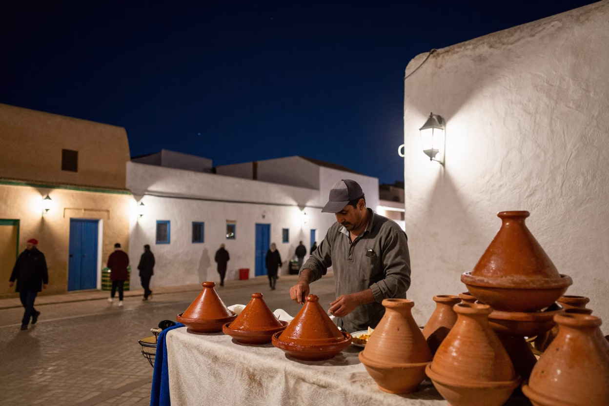 Food Scene at The Deepest Night Sky Light in Essaouira in in Essaouira, Morocco