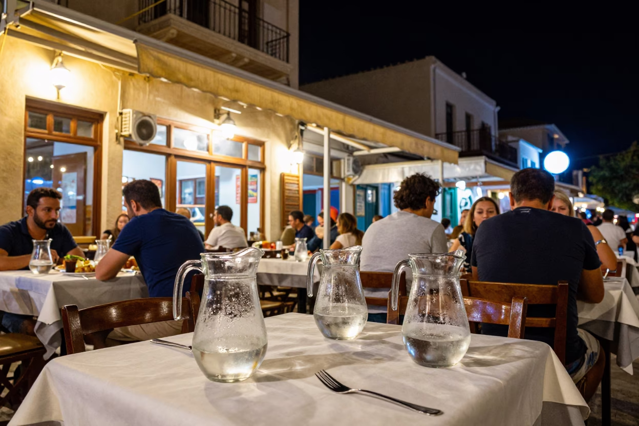Food Scene in Athens at Late At Night Light in in Athens, Greece