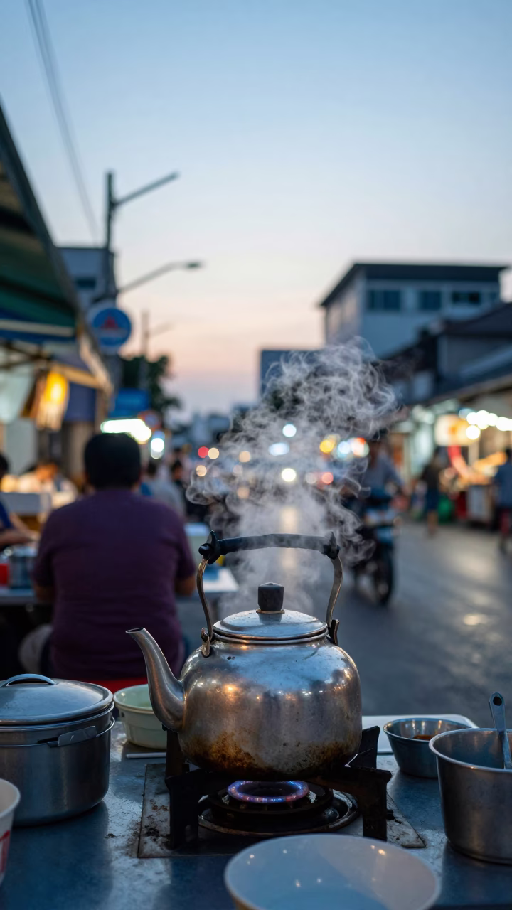 Food Scene in Bangkok at Nautical Dawn Light in in Bangkok, Thailand