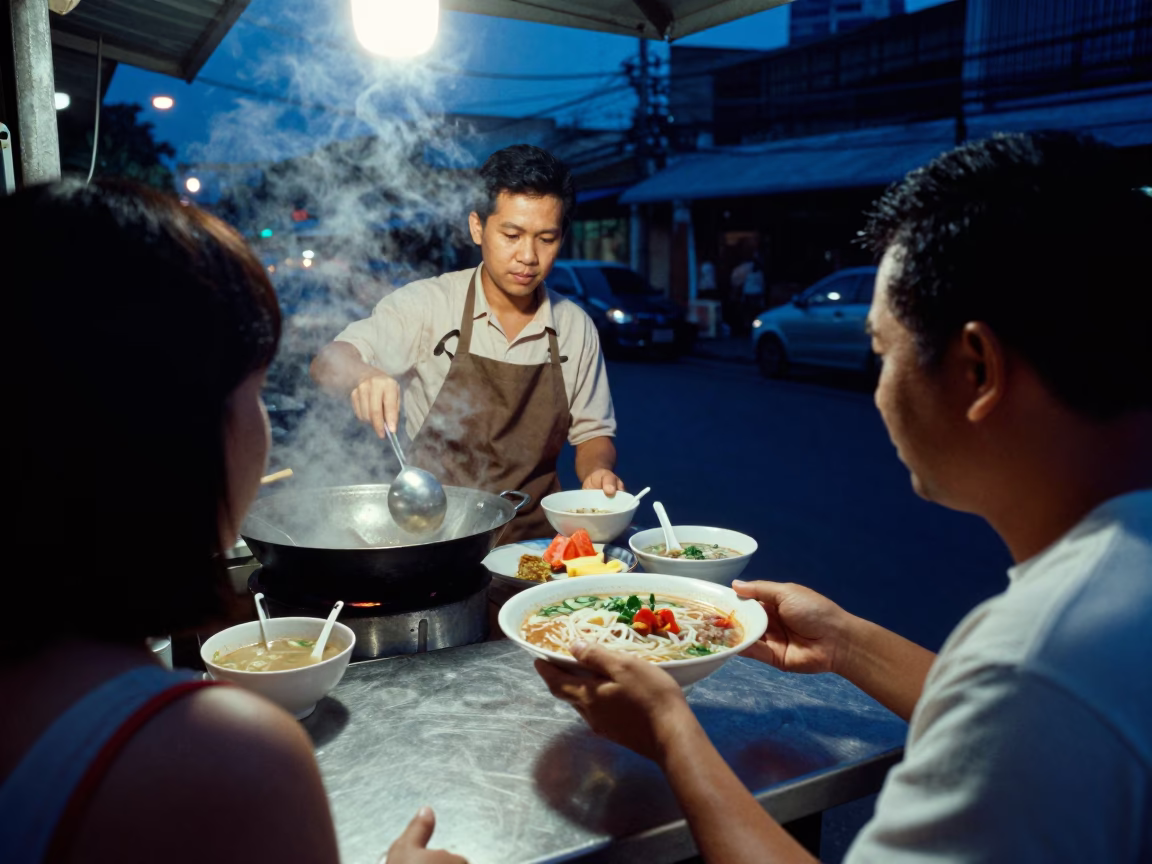 Food Scene in Bangkok at The Last Blue Light Of Evening in in Bangkok, Thailand