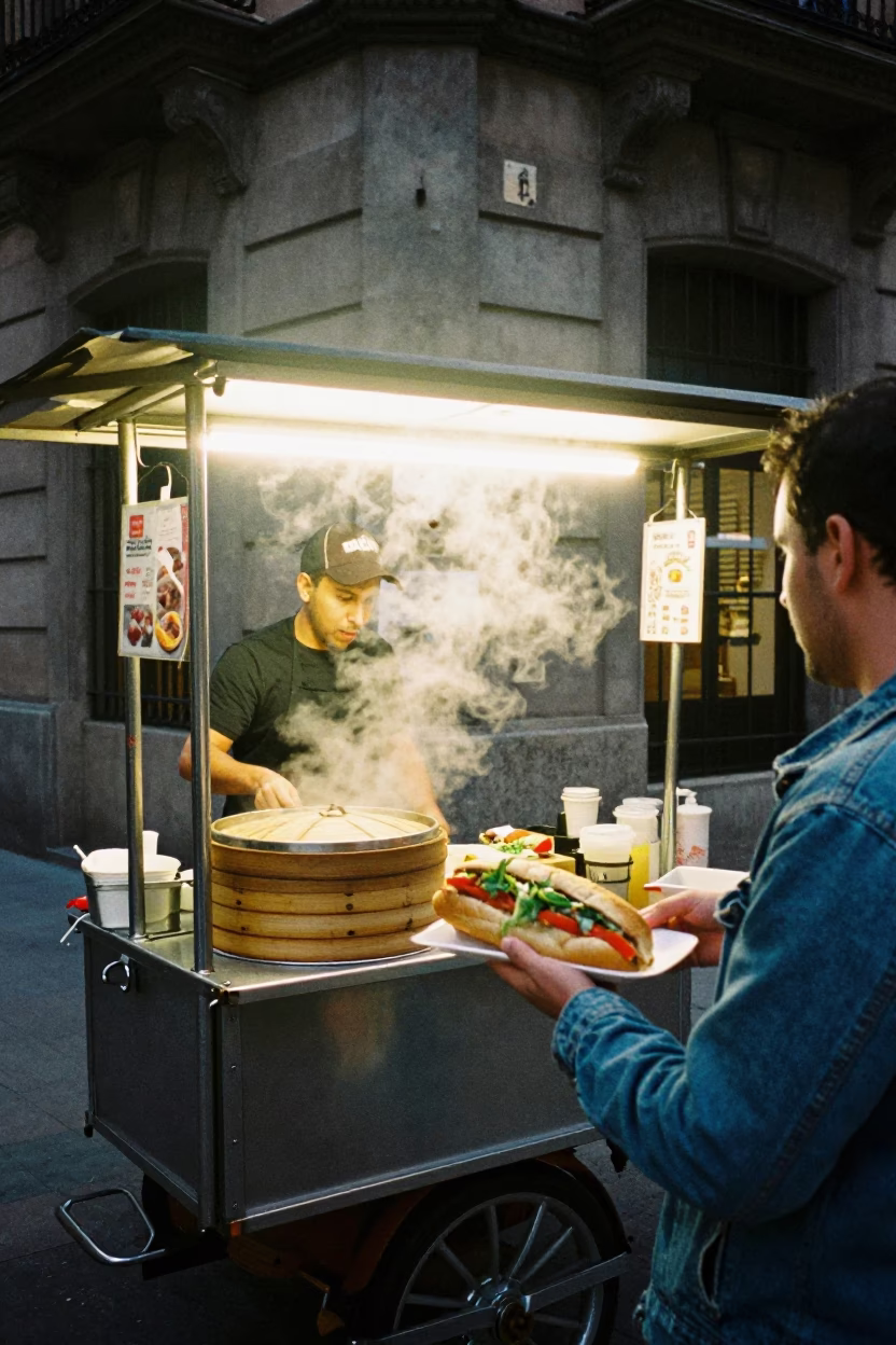 Food Scene in Barcelona at Late At Night Light in in Barcelona, Spain