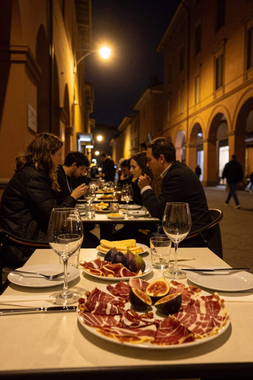 Food Scene in Bologna at Late At Night Light in in Bologna, Italy