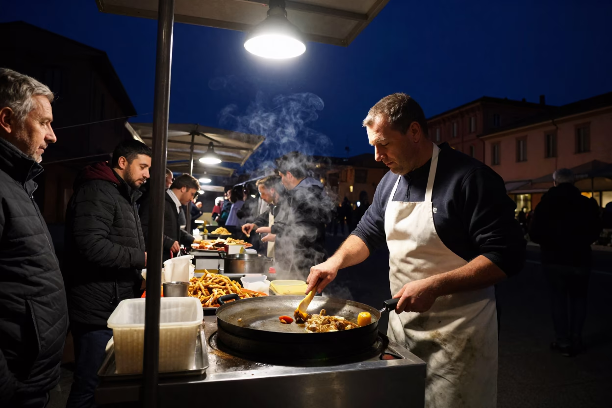 Food Scene in Bologna at The Deepest Night Sky Light in in Bologna, Italy