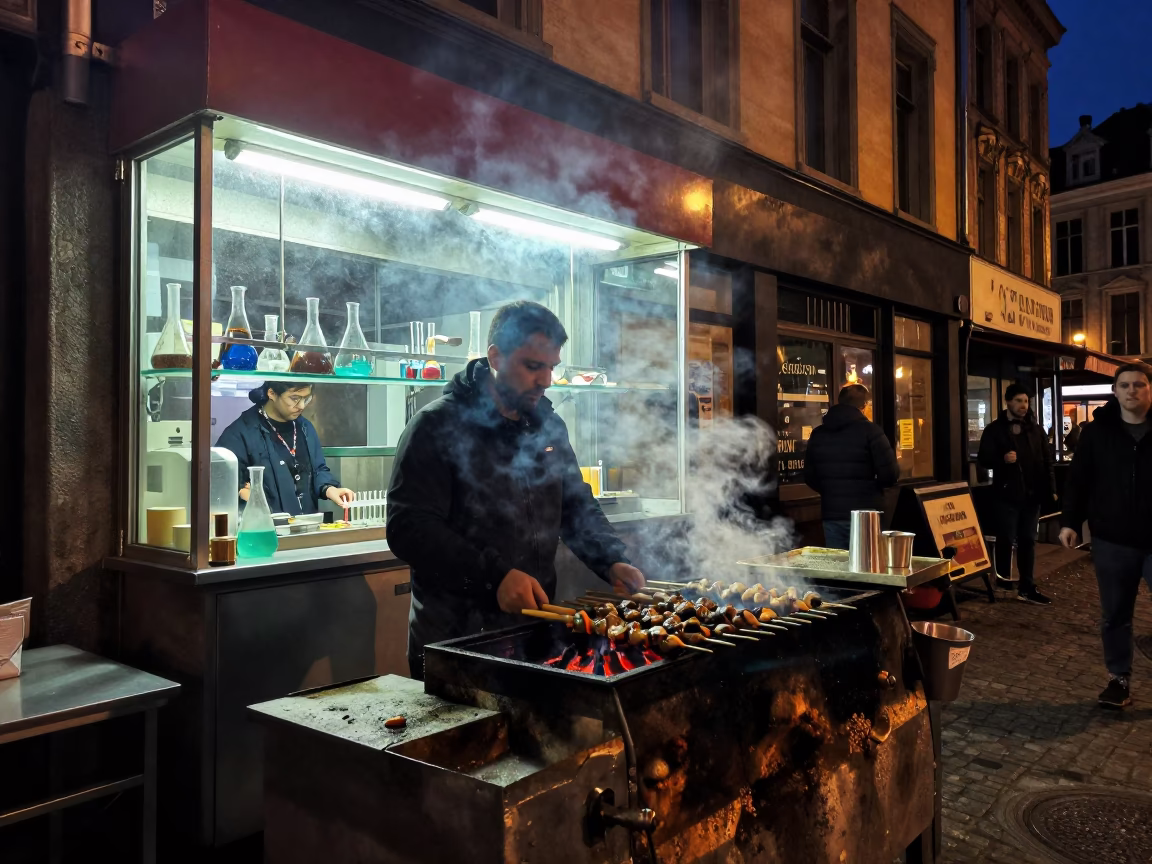 Food Scene in Brussels at Late At Night Light in in Brussels, Belgium