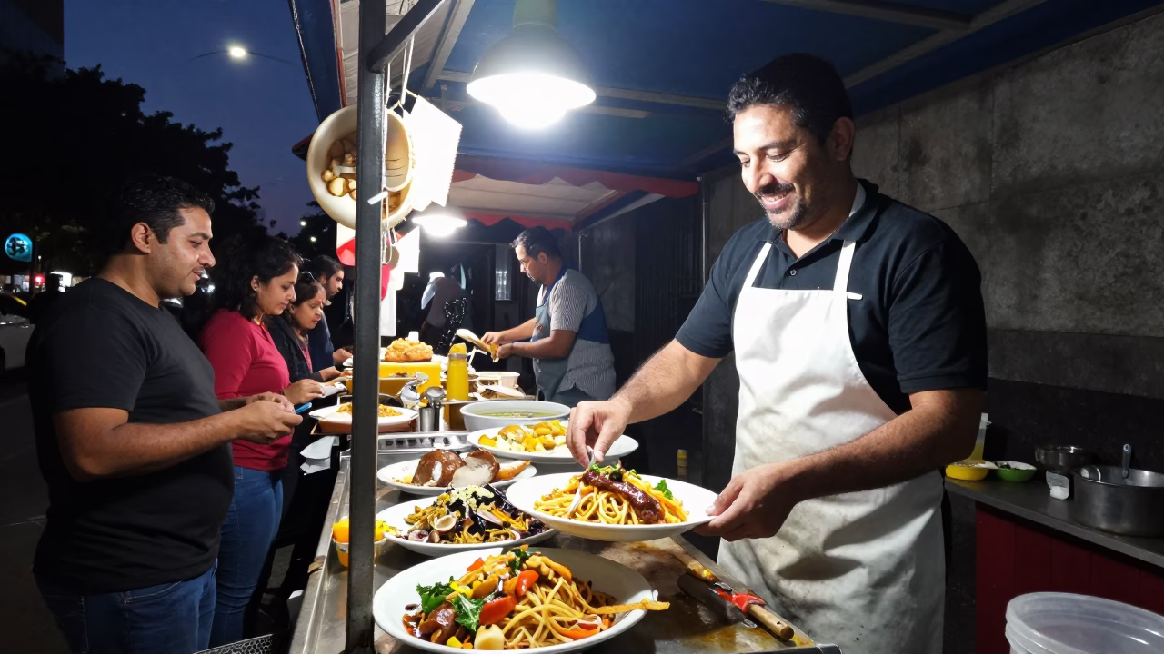 Food Scene in Buenos Aires at Midnight Light in in Buenos Aires, Argentina