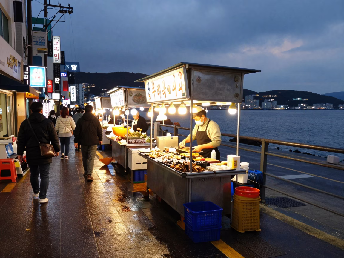 Food Scene in Busan at As City Lights Begin To Glow in in Busan, South Korea