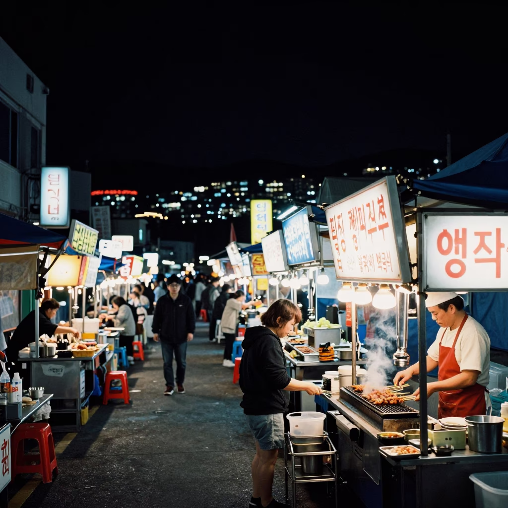 Food Scene in Busan at The Deepest Night Sky Light in in Busan, South Korea