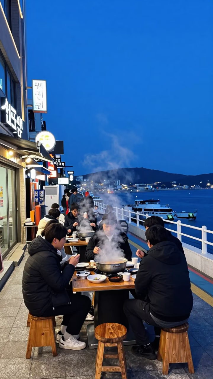 Food Scene in Busan at The Last Blue Light Of Evening in in Busan, South Korea