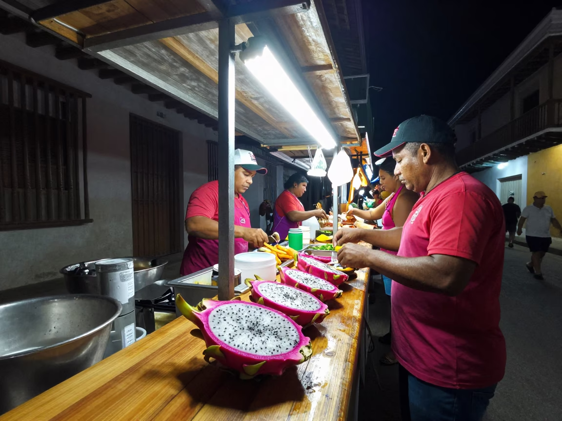 Food Scene in Cartagena at Deep In The Night Light in in Cartagena, Colombia