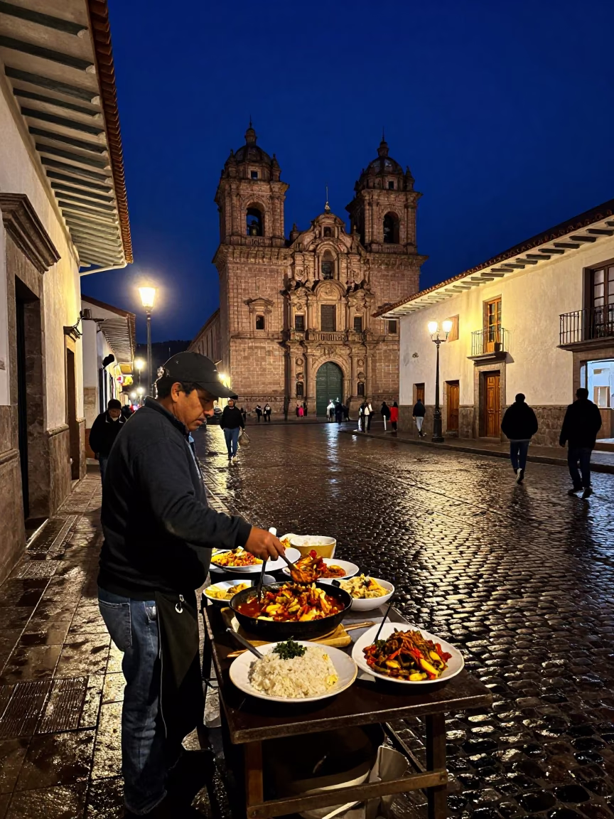 Food Scene in Cusco at Midnight Light in in Cusco, Peru