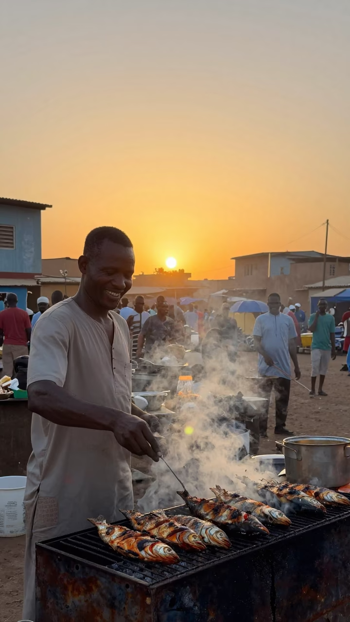 Food Scene in Dakar at As The Sun Drops Toward The Horizon in in Dakar, Senegal