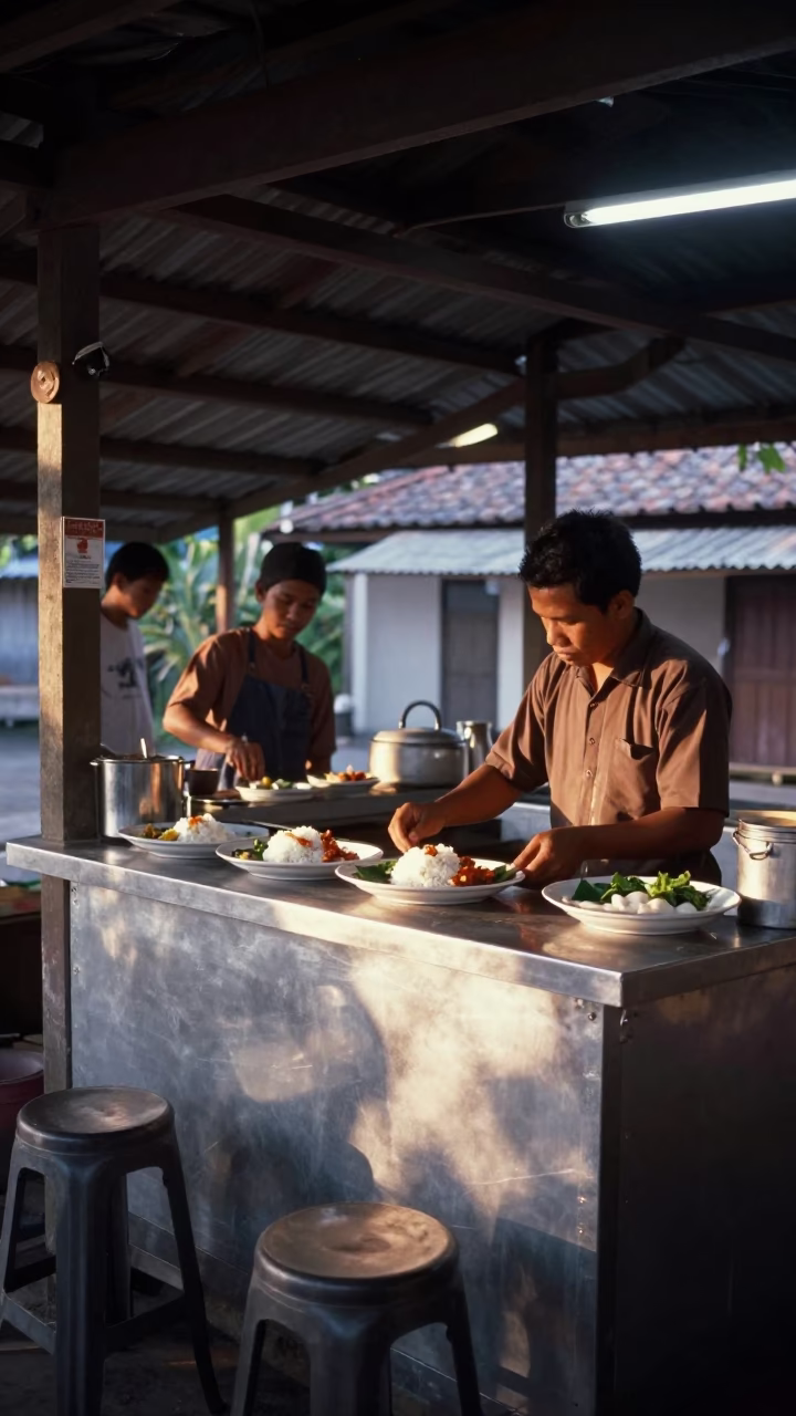 Food Scene in Denpasar at As First Light Reaches The Scene in in Denpasar, Indonesia