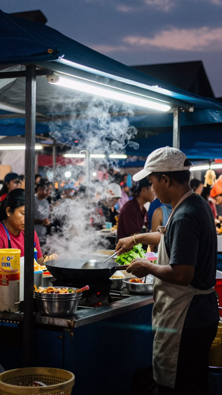 Food Scene in Denpasar at The Predawn Darkness Light in in Denpasar, Indonesia