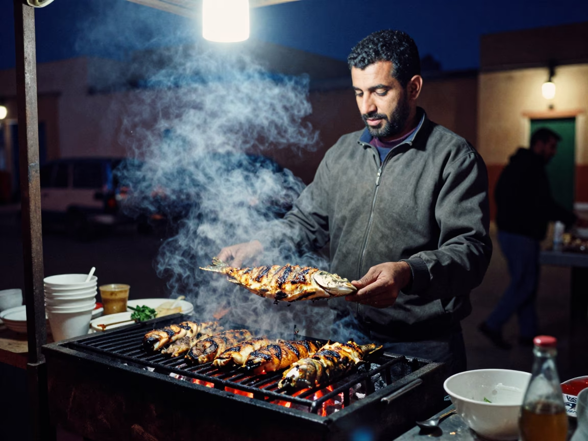 Food Scene in Essaouira at Midnight Light in in Essaouira, Morocco
